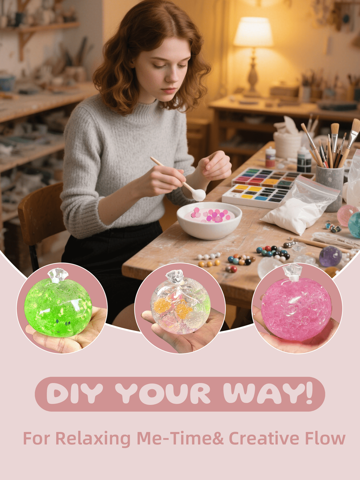 DIY Stress Ball Making Kit - 10 TPR Skins, 13 Fillers, 14 oz Slime, 7 oz Clay, Create ASMR Anxiety Relief Toys, Handmade Squishy Stress Balls, Unique Self - Care Gifts for Women - Psykade