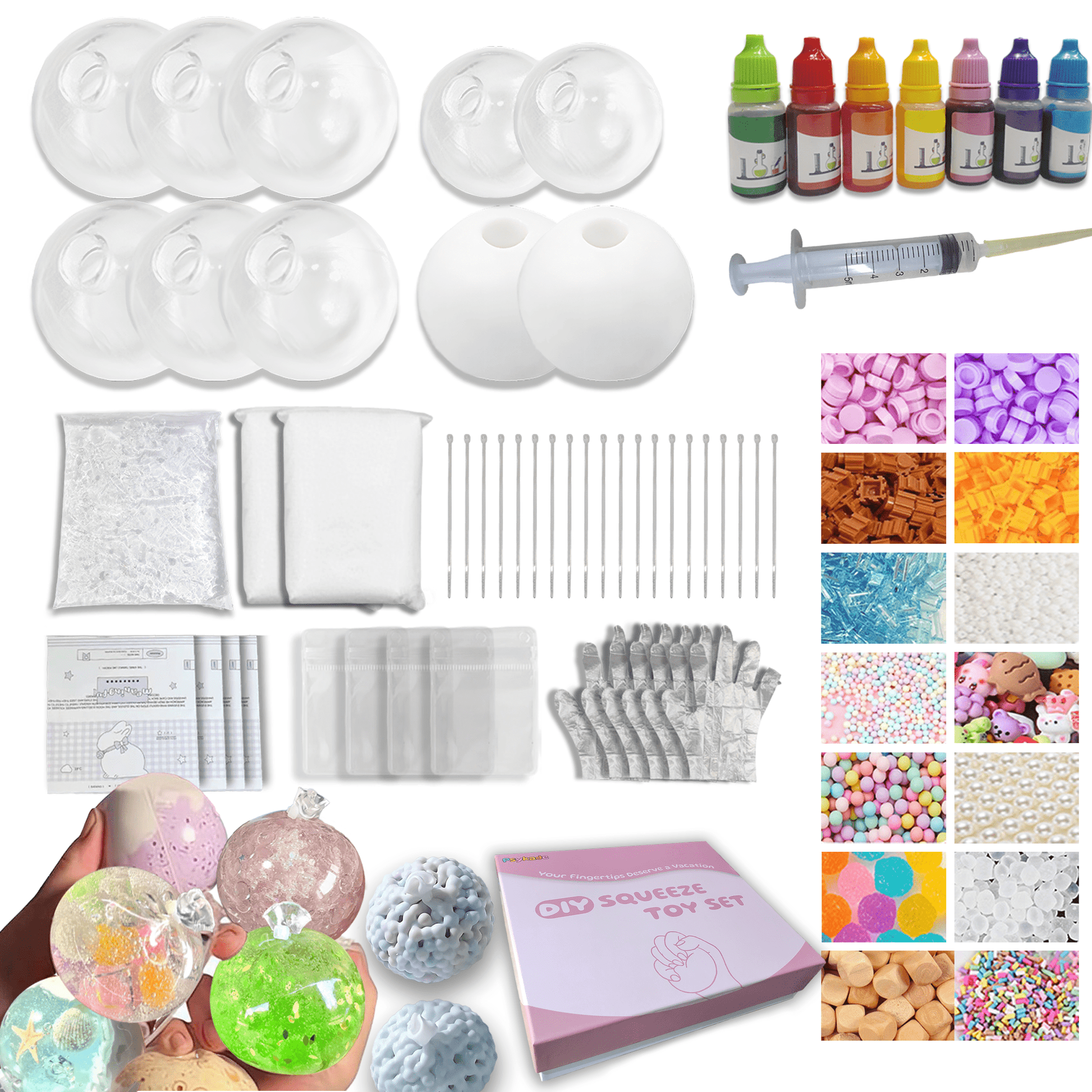DIY Stress Ball Making Kit - 10 TPR Skins, 13 Fillers, 14 oz Slime, 7 oz Clay, Create ASMR Anxiety Relief Toys, Handmade Squishy Stress Balls, Unique Self - Care Gifts for Women - Psykade